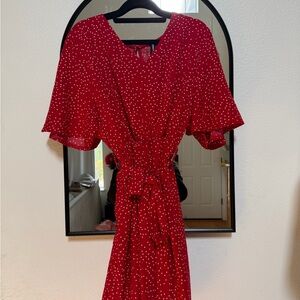 Allegra K Red Polka Dot Midi Dress with Tie Waist